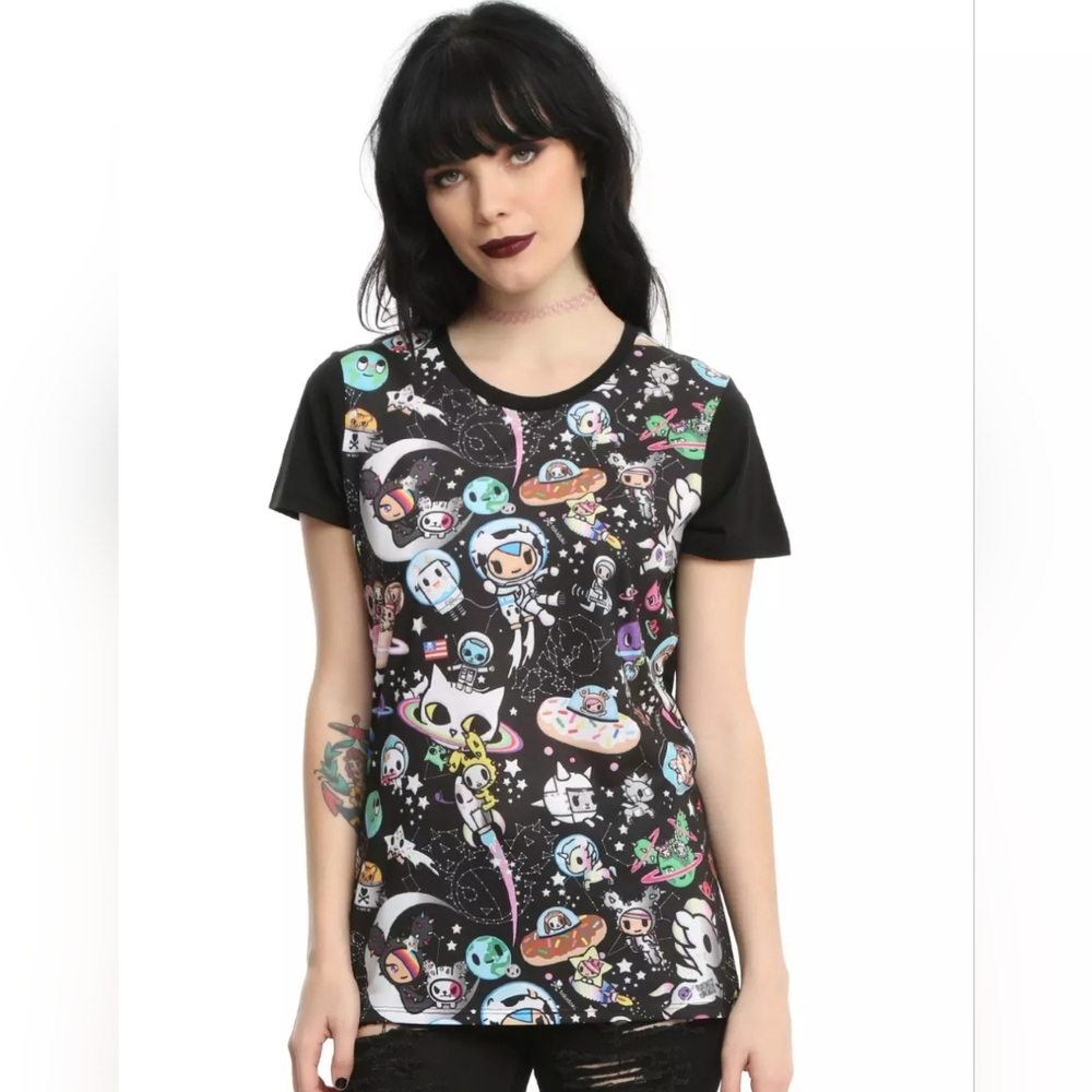 Tokidoki all over space print Black Colorful Character T-shirt size large - Picture 2 of 7